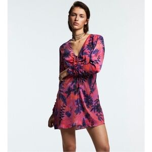 Zara Front Tie Ruched Sleeves Mini Floral Dress Red Purple satin effect Small